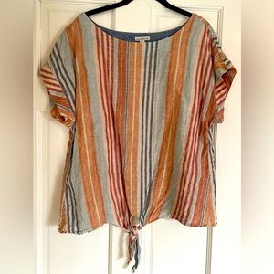 LL Bean Signature linen top, natural tones stripes, size L.